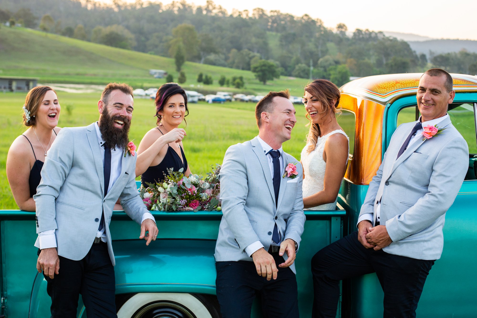 Bridal party with vintage truck